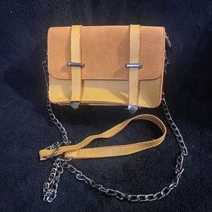 Gold, yellow, beige, mustard color purse. Faux leather and suede.